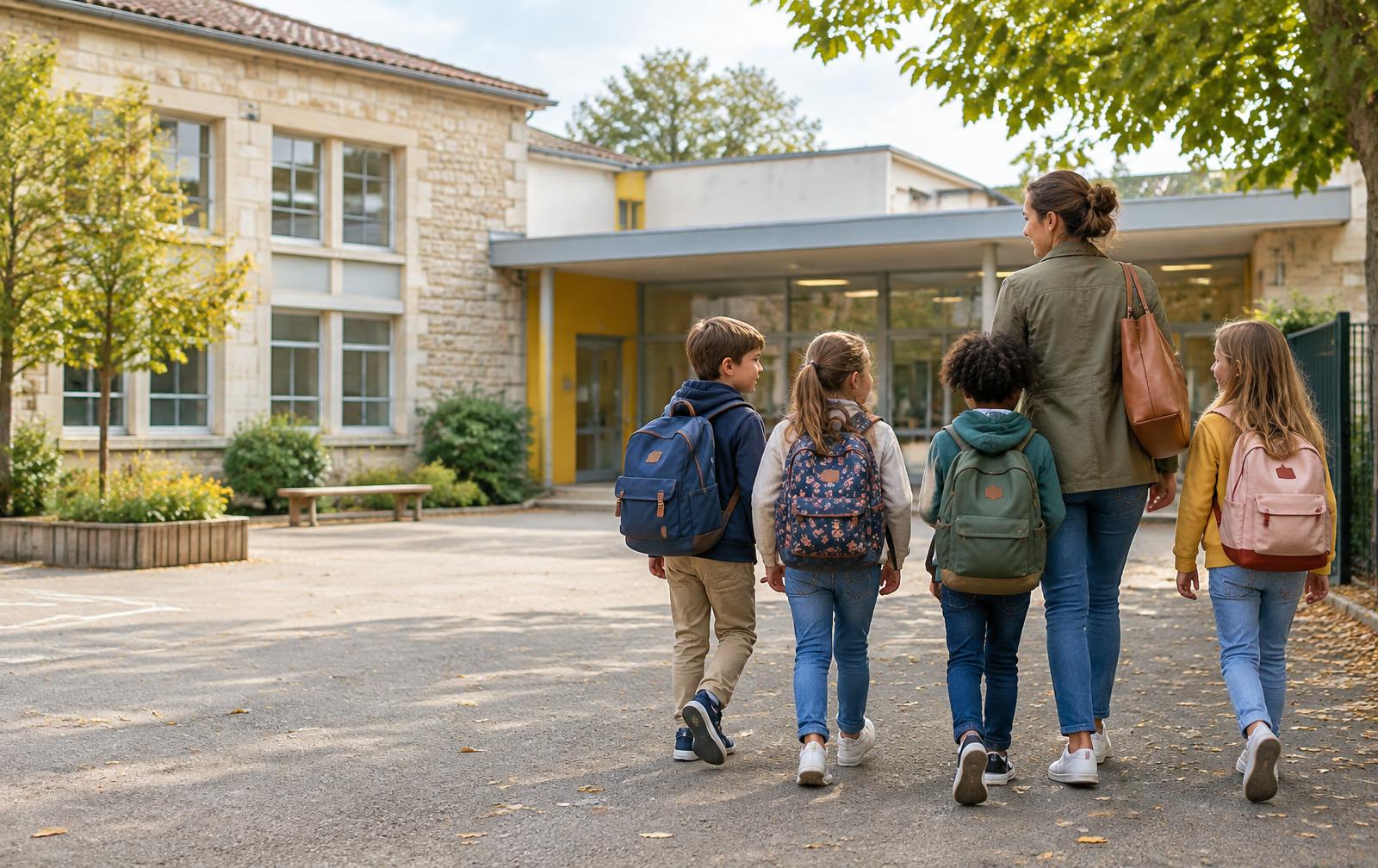 Des enfants accompagnés par une adulte vers une école